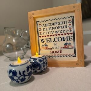 Framed Cross Stitch Sampler “Welcome to Our Home” Cottage Decor